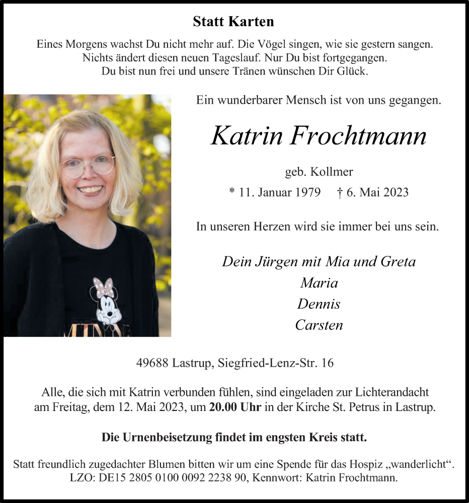  Traueranzeige für Katrin Frochtmann vom 10.05.2023 aus OM-Medien