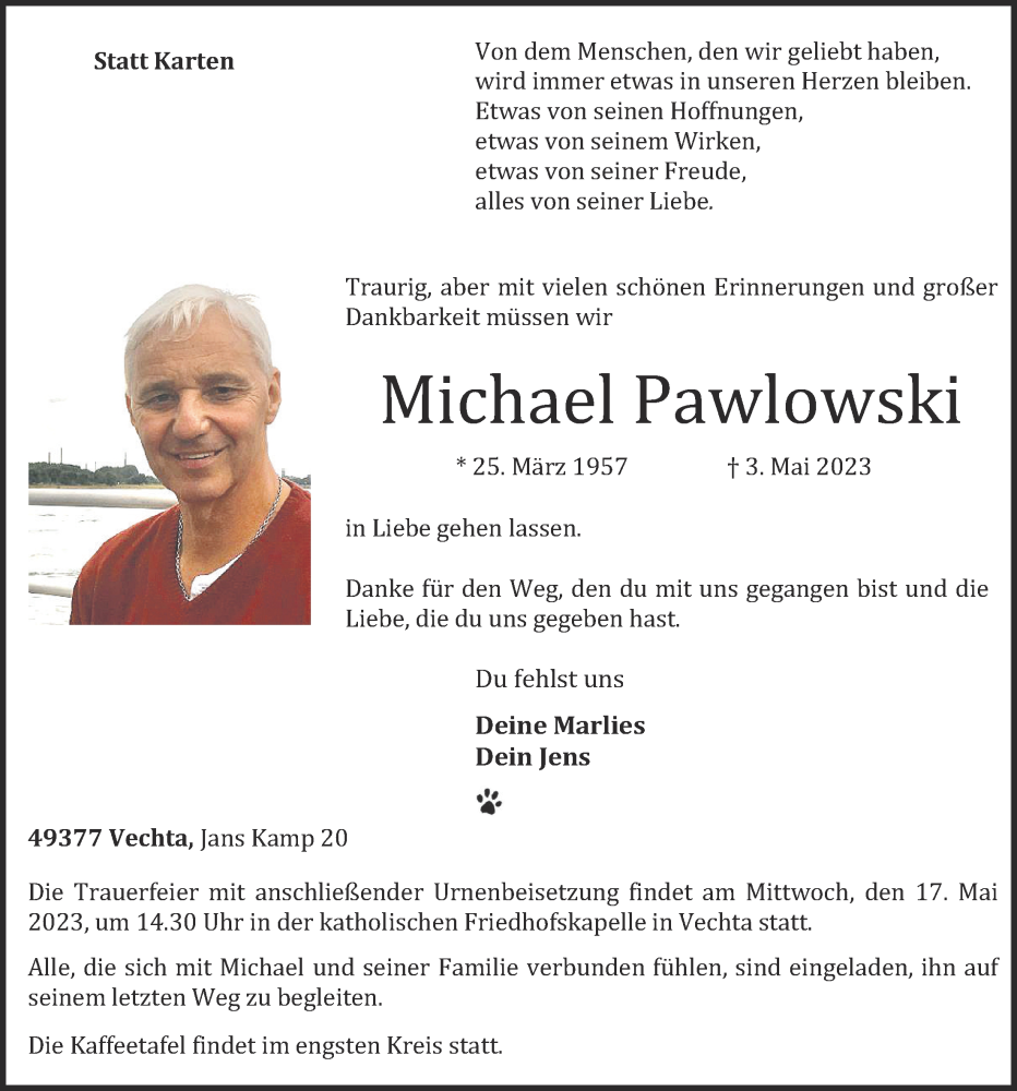  Traueranzeige für Michael Pawlowski vom 10.05.2023 aus OM-Medien