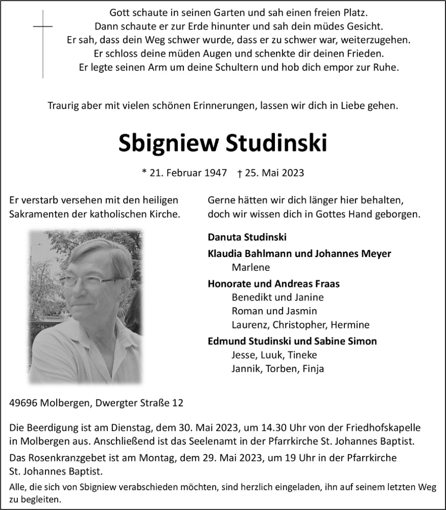  Traueranzeige für Sbigniew Studinski vom 29.05.2023 aus OM-Medien