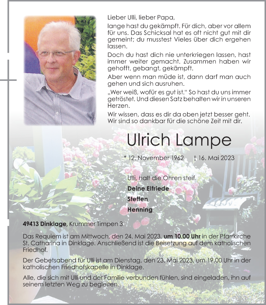  Traueranzeige für Ulrich Lampe vom 20.05.2023 aus OM-Medien