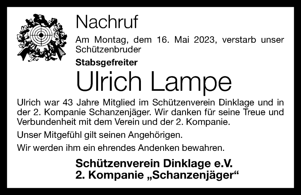  Traueranzeige für Ulrich Lampe vom 20.05.2023 aus OM-Medien