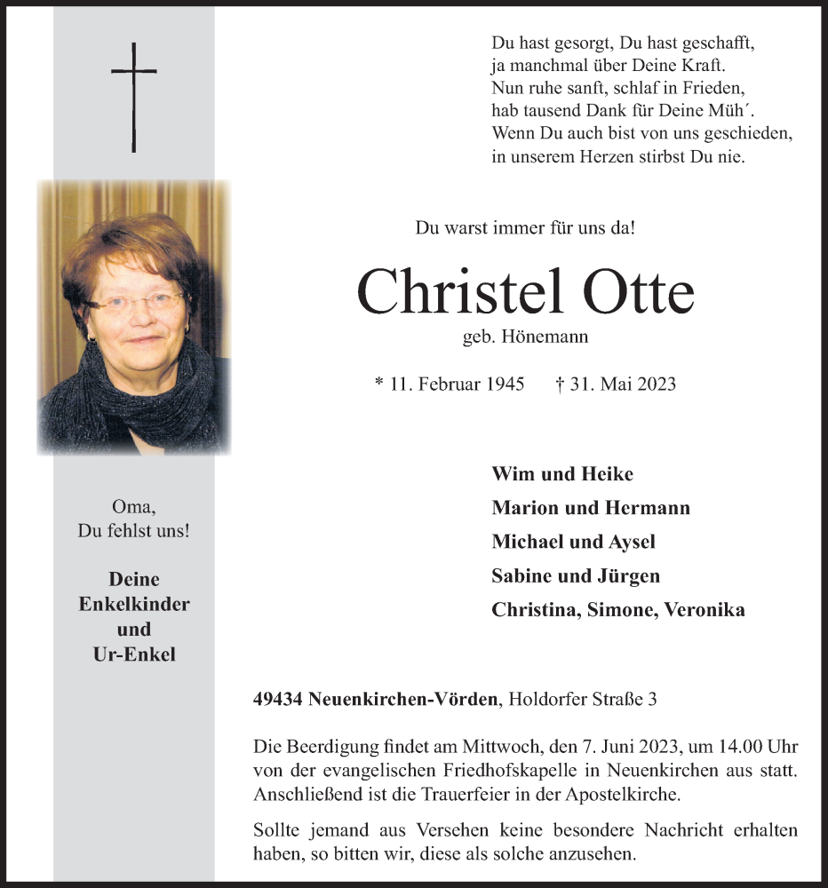  Traueranzeige für Christel Otte vom 02.06.2023 aus OM-Medien