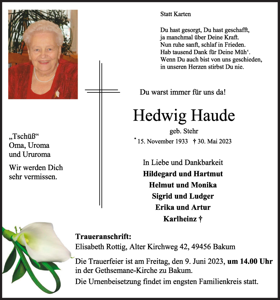  Traueranzeige für Hedwig Haude vom 05.06.2023 aus OM-Medien