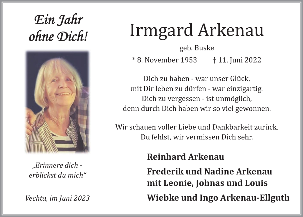  Traueranzeige für Irmgard Arkenau vom 10.06.2023 aus OM-Medien
