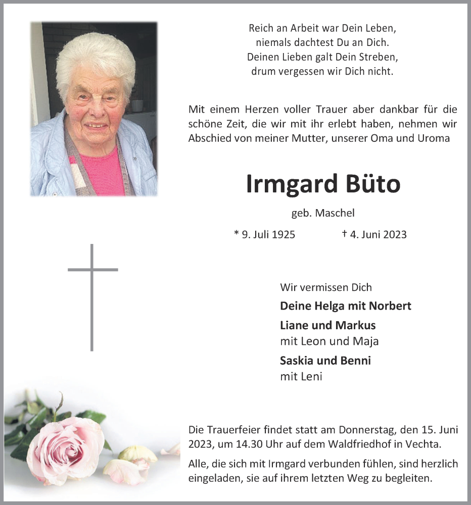  Traueranzeige für Irmgard Büto vom 10.06.2023 aus OM-Medien