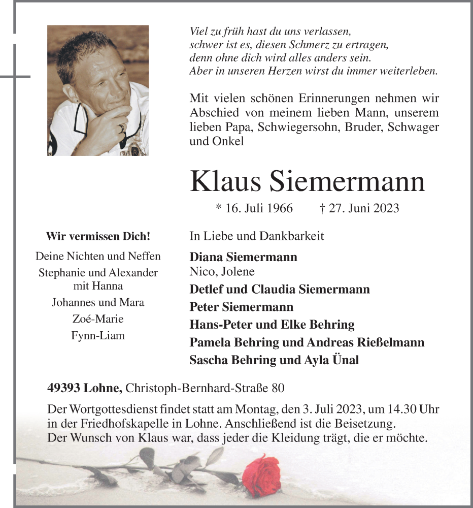  Traueranzeige für Klaus Siemermann vom 29.06.2023 aus OM-Medien