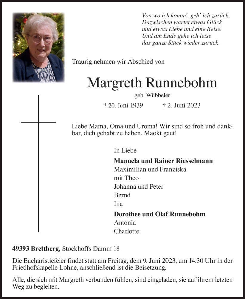  Traueranzeige für Margreth Runnebohm vom 05.06.2023 aus OM-Medien