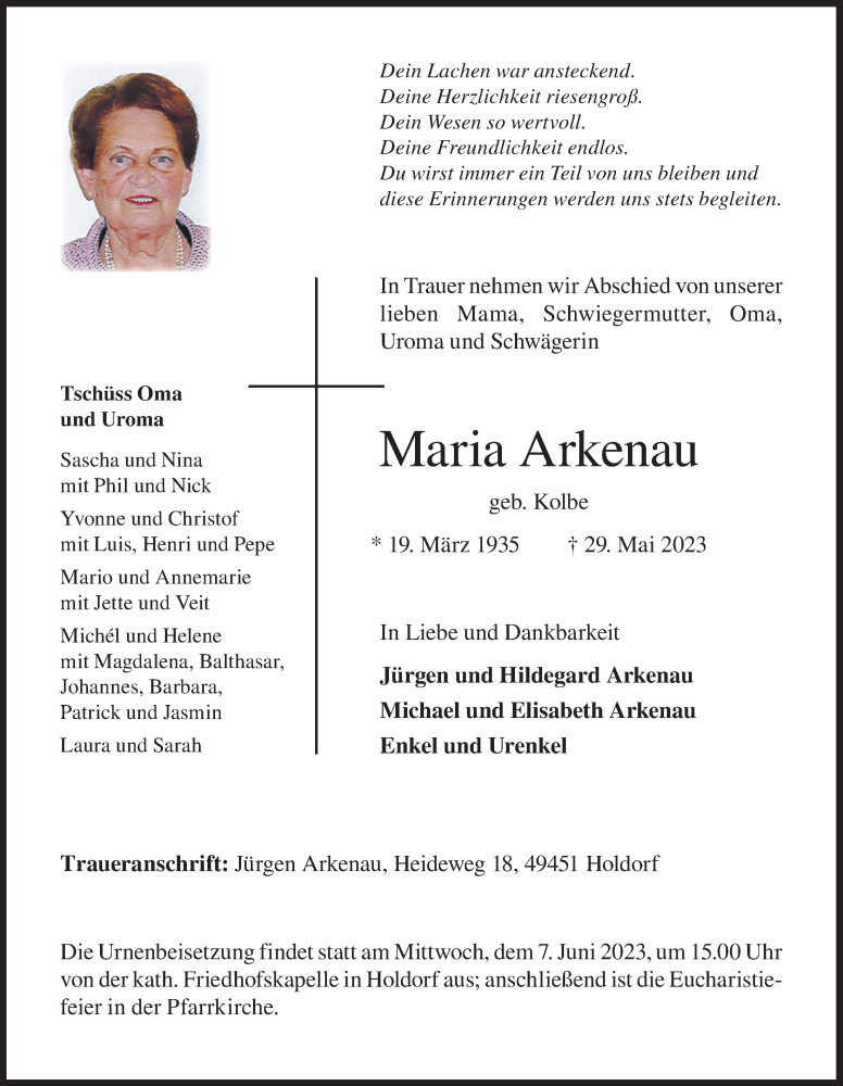  Traueranzeige für Maria Arkenau vom 01.06.2023 aus OM-Medien