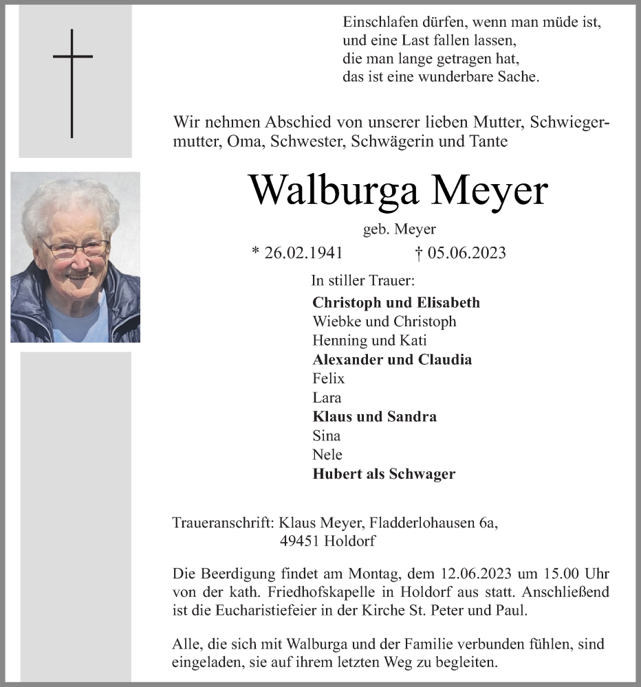  Traueranzeige für Walburga Meyer vom 08.06.2023 aus OM-Medien