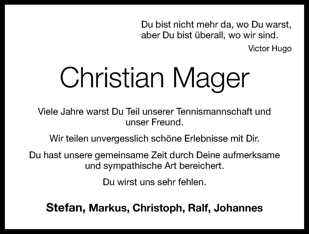  Traueranzeige für Christian Mager vom 08.07.2023 aus OM-Medien