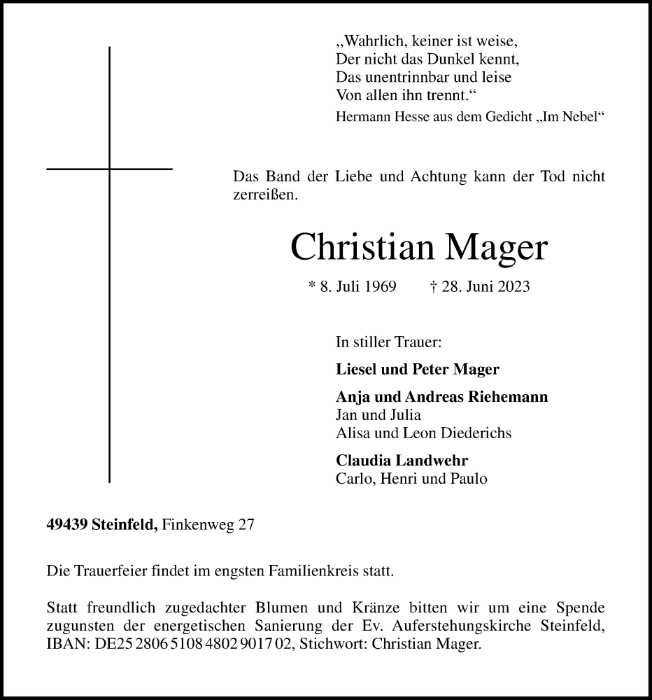  Traueranzeige für Christian Mager vom 04.07.2023 aus OM-Medien