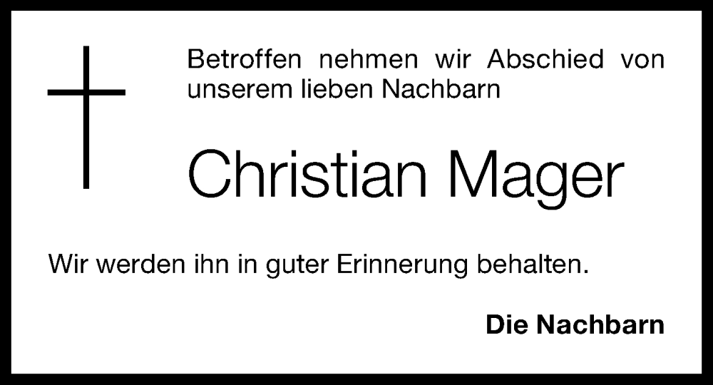  Traueranzeige für Christian Mager vom 07.07.2023 aus OM-Medien