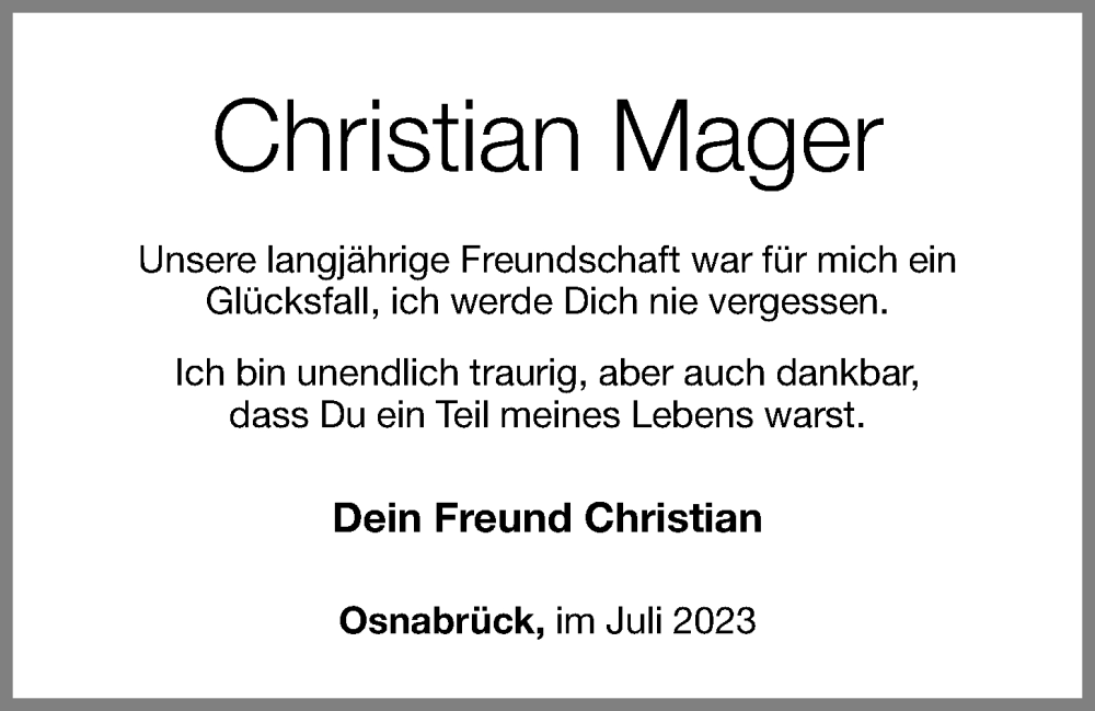  Traueranzeige für Christian Mager vom 07.07.2023 aus OM-Medien