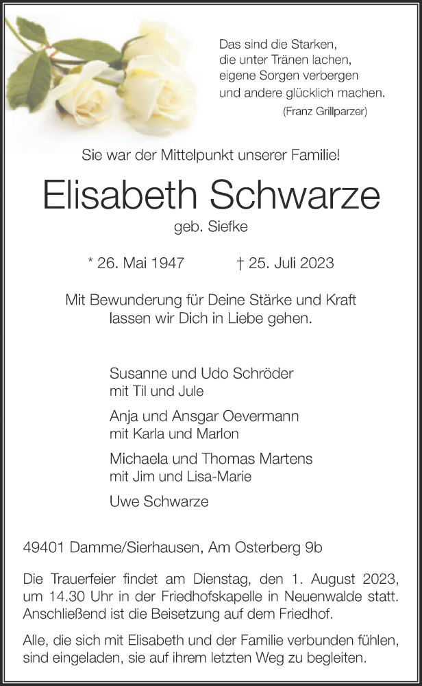  Traueranzeige für Elisabeth Schwarze vom 28.07.2023 aus OM-Medien