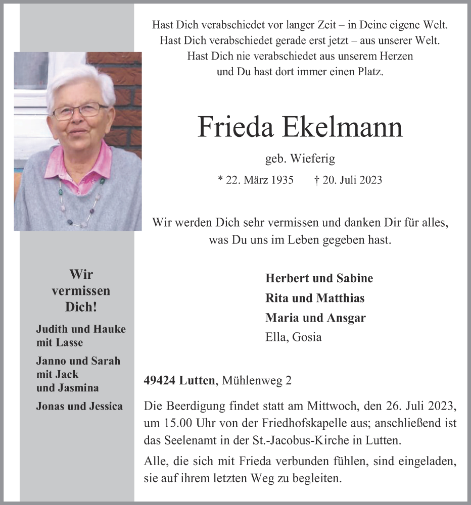  Traueranzeige für Frieda Ekelmann vom 22.07.2023 aus OM-Medien