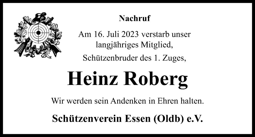  Traueranzeige für Heinz Roberg vom 25.07.2023 aus OM-Medien