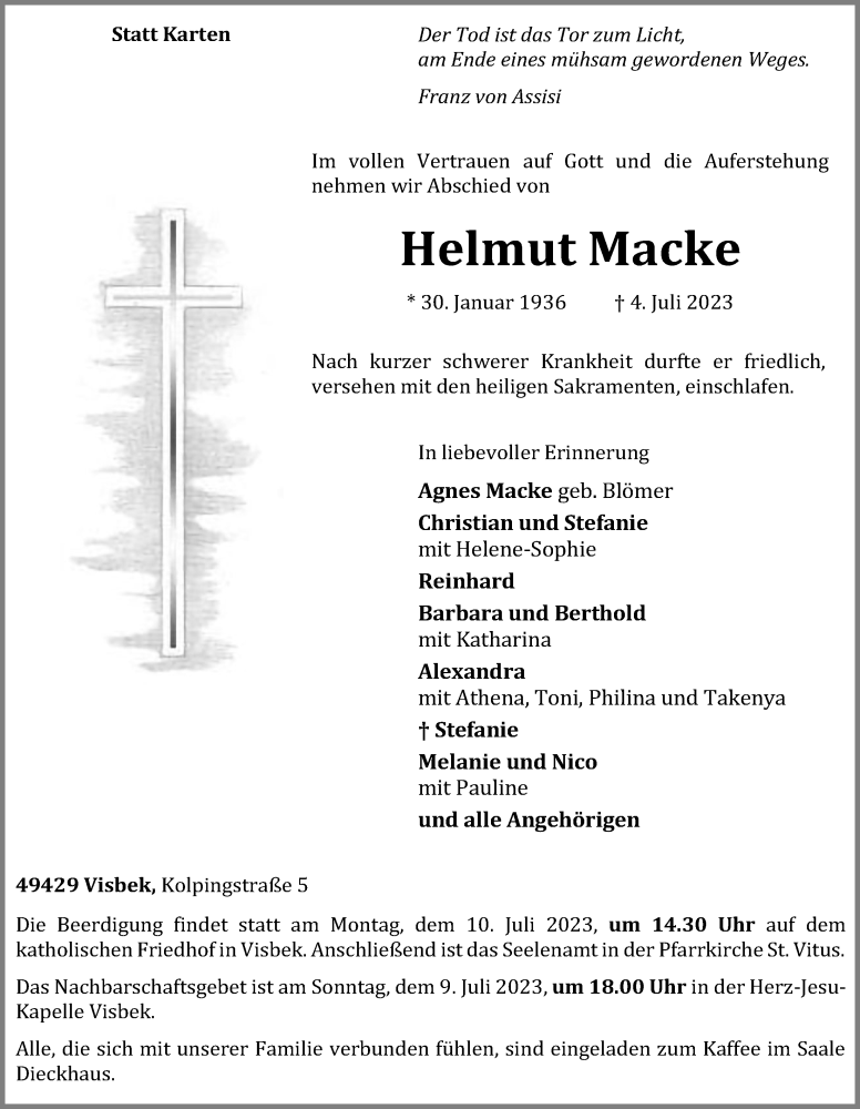  Traueranzeige für Helmut Macke vom 06.07.2023 aus OM-Medien