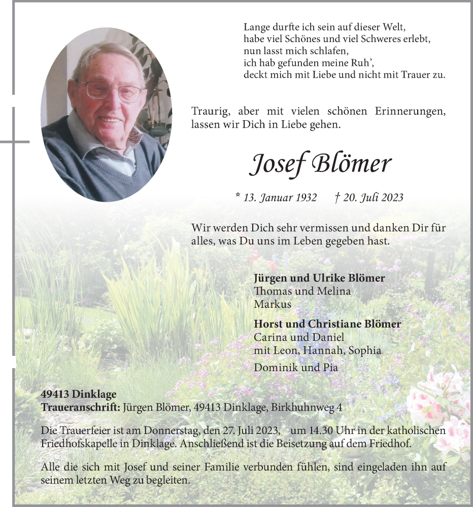  Traueranzeige für Josef Blömer vom 22.07.2023 aus OM-Medien