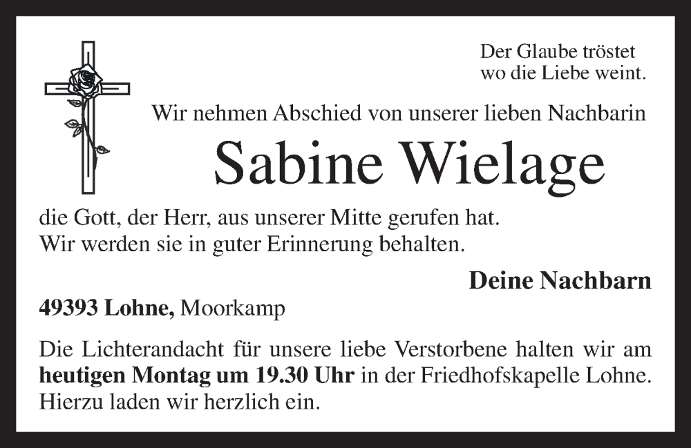  Traueranzeige für Sabine Wielage vom 24.07.2023 aus OM-Medien