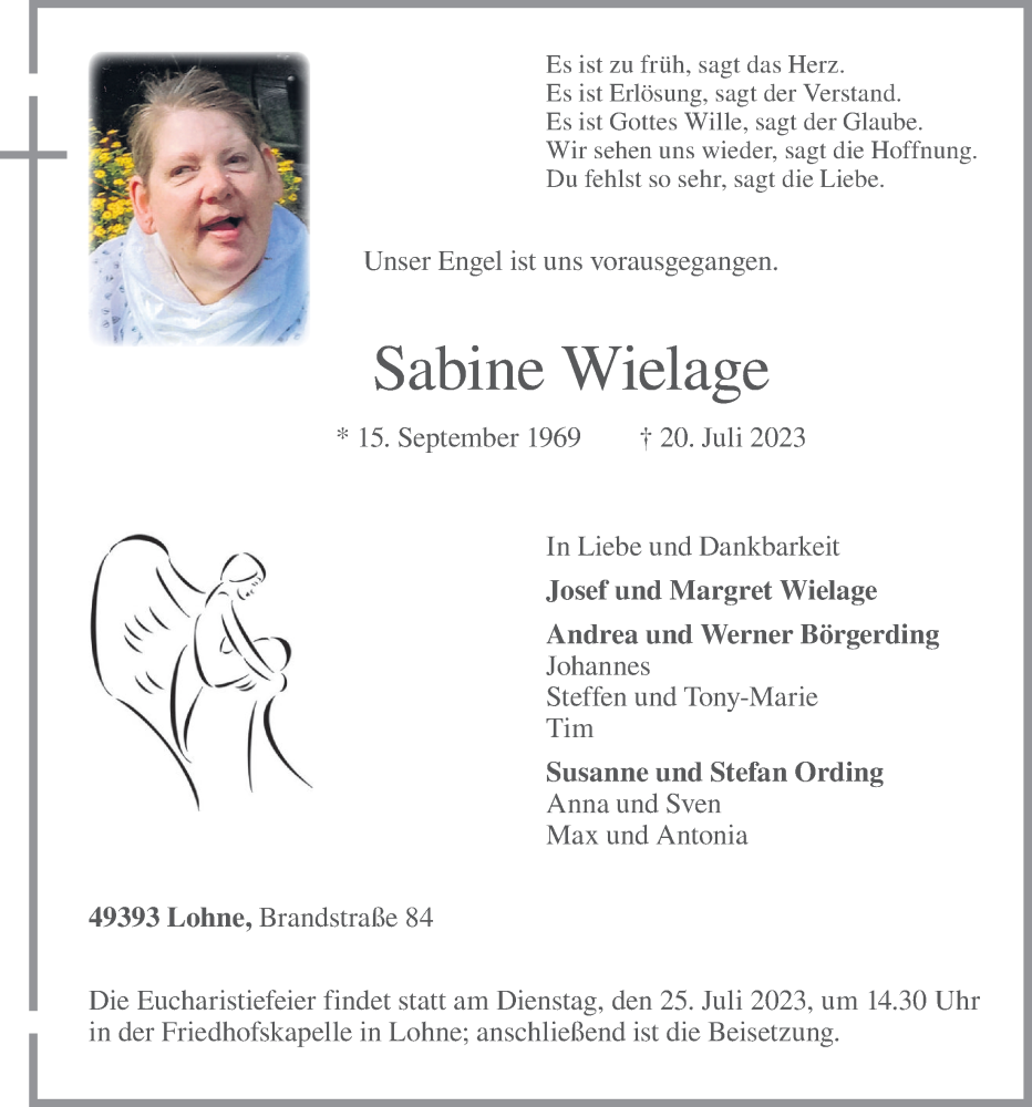  Traueranzeige für Sabine Wielage vom 22.07.2023 aus OM-Medien