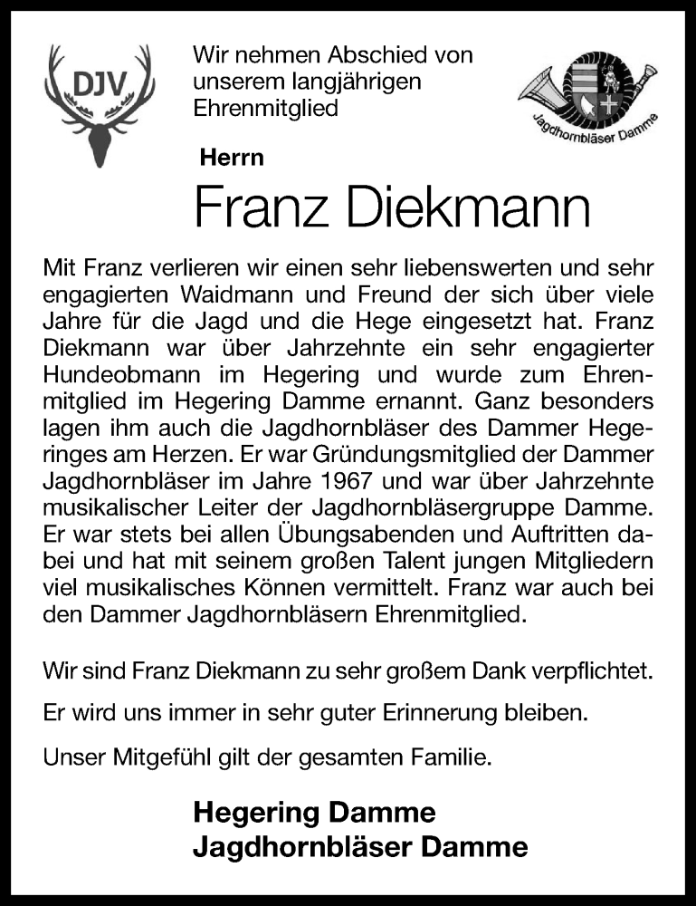  Traueranzeige für Franz Diekmann vom 02.08.2023 aus OM-Medien