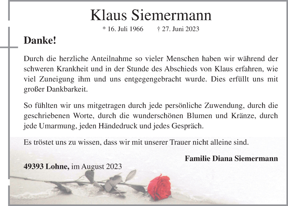  Traueranzeige für Klaus Siemermann vom 05.08.2023 aus OM-Medien