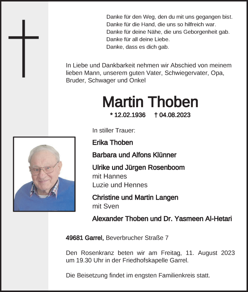 Traueranzeige für Martin Thoben vom 09.08.2023 aus OM-Medien