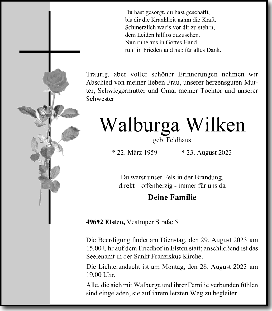  Traueranzeige für Walburga Wilken vom 24.08.2023 aus OM-Medien