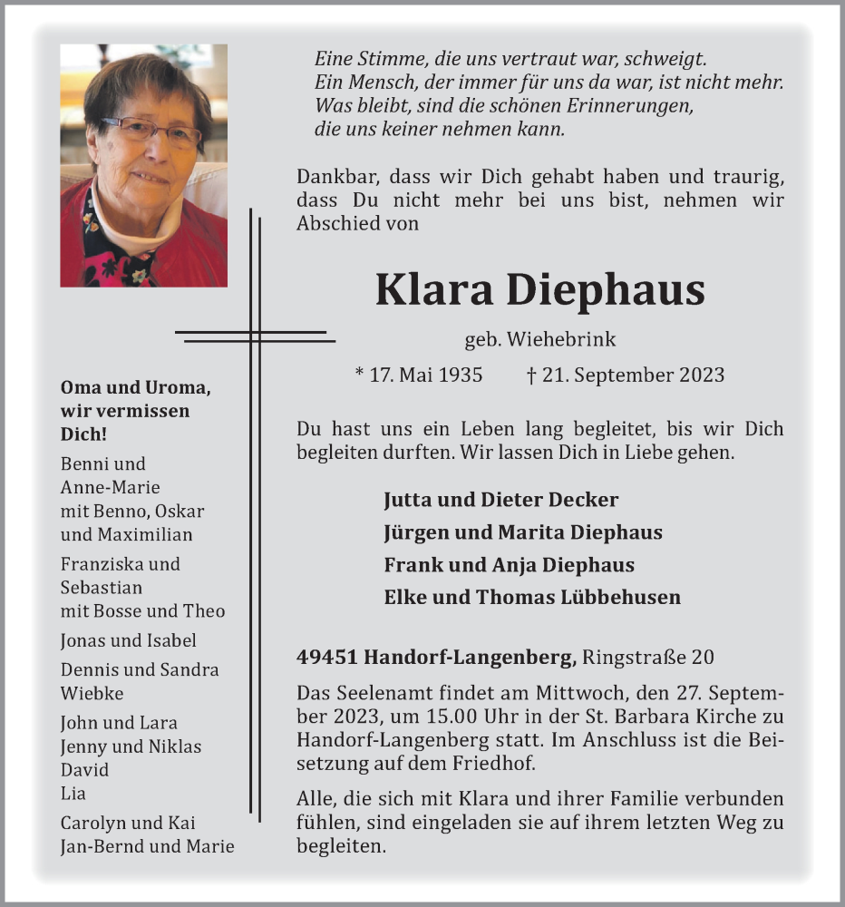  Traueranzeige für Klara Diephaus vom 23.09.2023 aus OM-Medien