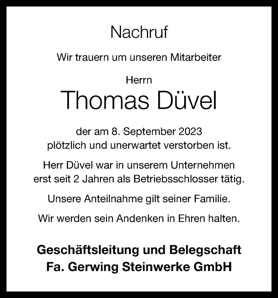  Traueranzeige für Thomas Düvel vom 14.09.2023 aus OM-Medien