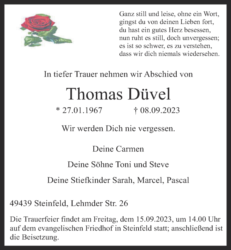  Traueranzeige für Thomas Düvel vom 13.09.2023 aus OM-Medien