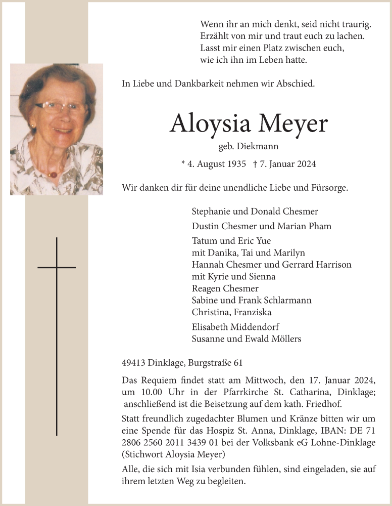  Traueranzeige für Aloysia Meyer vom 12.01.2024 aus OM-Medien