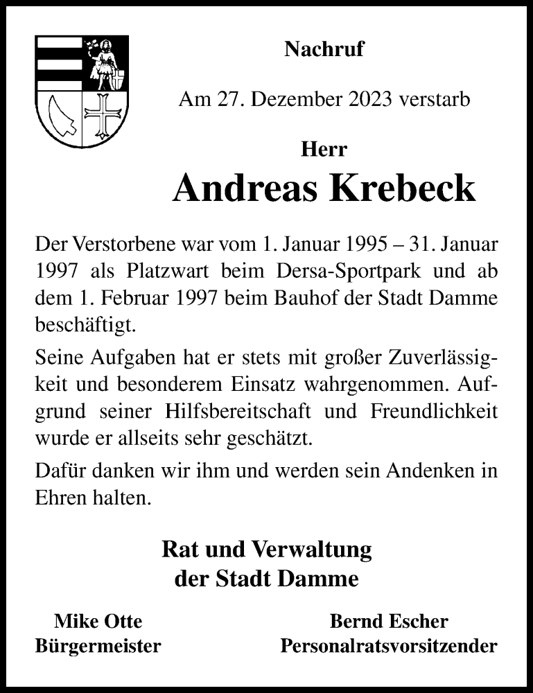  Traueranzeige für Andreas Krebeck vom 02.01.2024 aus OM-Medien