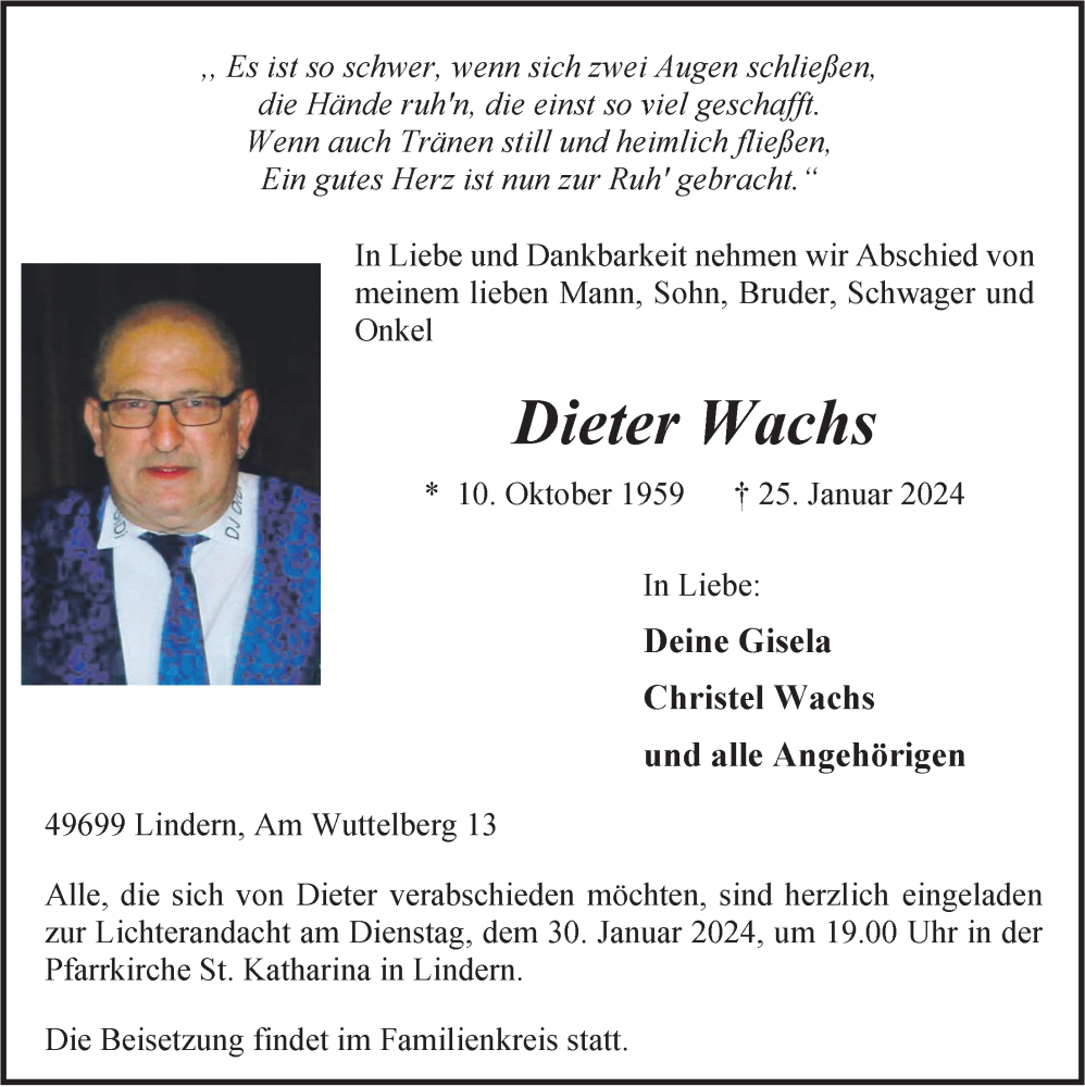  Traueranzeige für Dieter Wachs vom 29.01.2024 aus OM-Medien