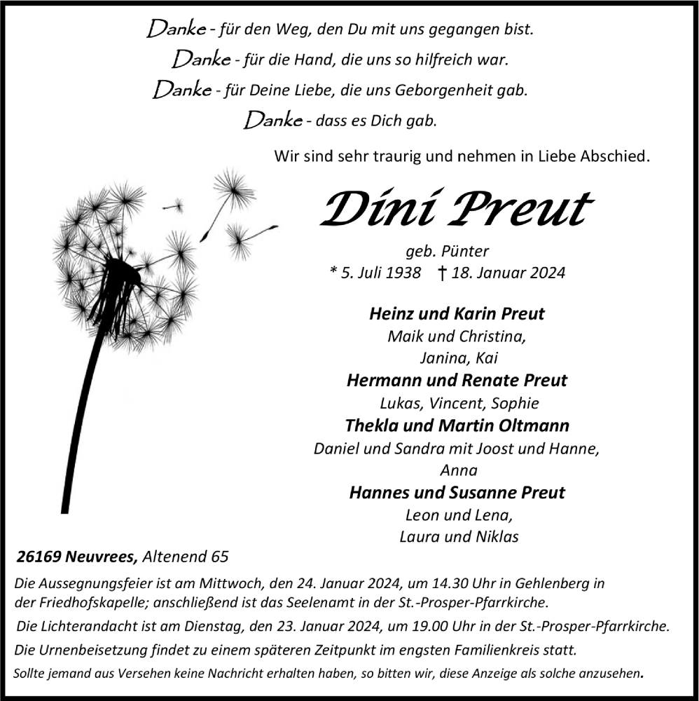  Traueranzeige für Dini Preut vom 22.01.2024 aus OM-Medien