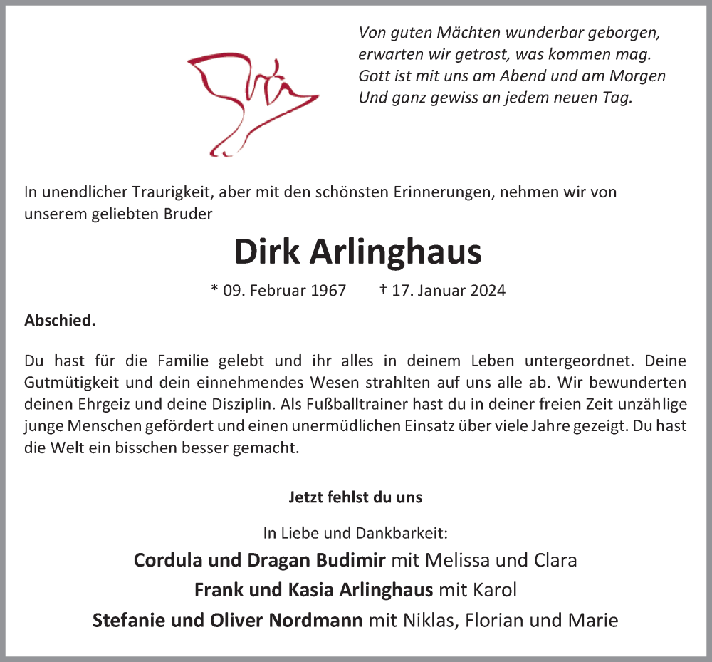  Traueranzeige für Dirk Arlinghaus vom 23.01.2024 aus OM-Medien