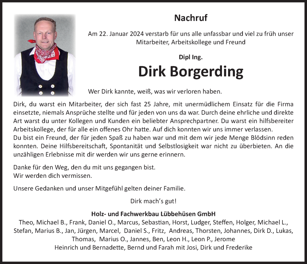  Traueranzeige für Dirk Borgerding vom 27.01.2024 aus OM-Medien