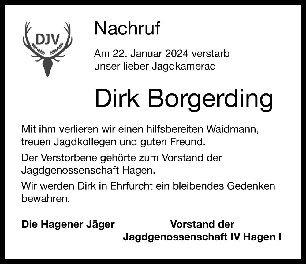  Traueranzeige für Dirk Borgerding vom 27.01.2024 aus OM-Medien