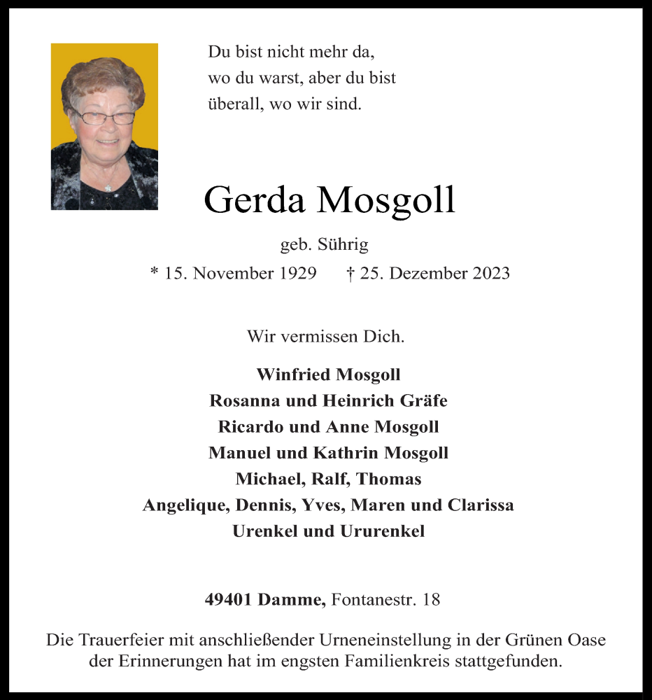  Traueranzeige für Gerda Mosgoll vom 06.01.2024 aus OM-Medien