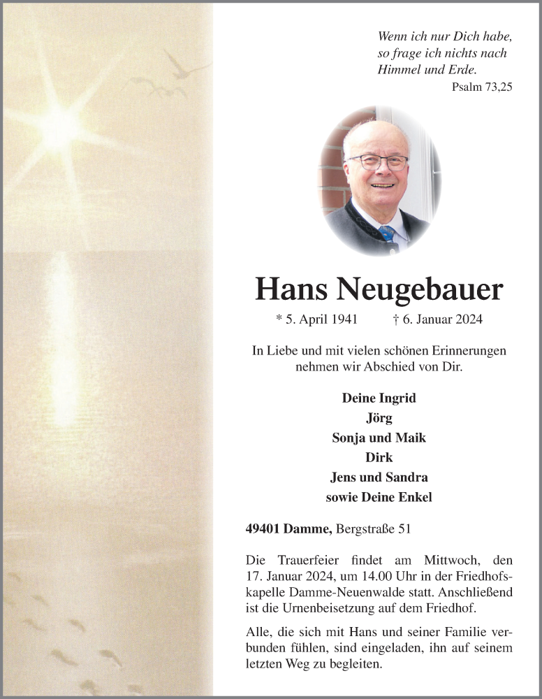  Traueranzeige für Hans Neugebauer vom 12.01.2024 aus OM-Medien