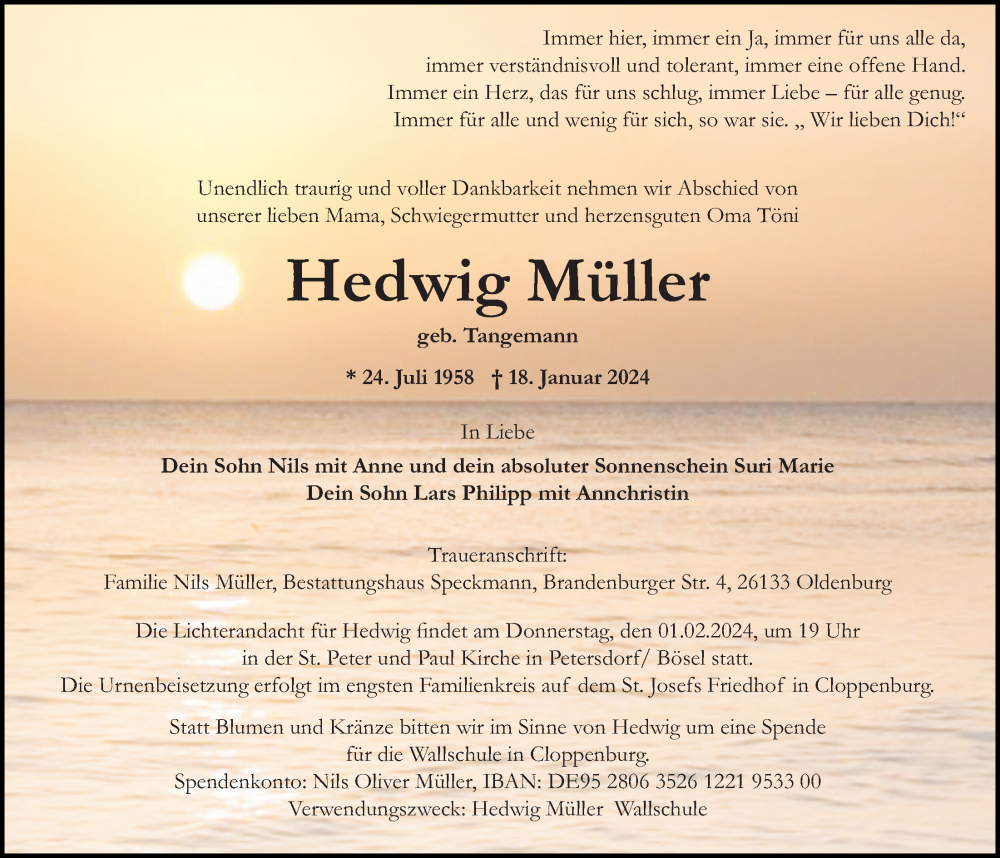  Traueranzeige für Hedwig Müller vom 27.01.2024 aus OM-Medien
