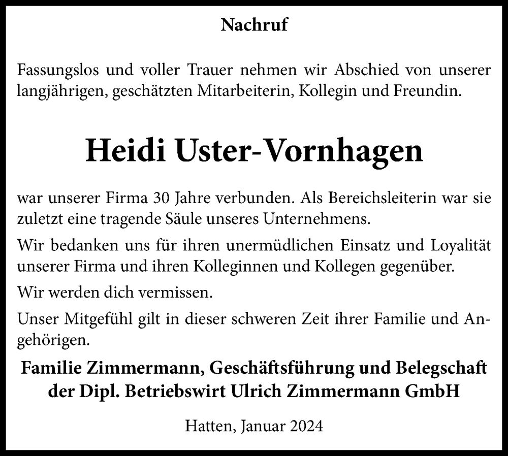  Traueranzeige für Heidi Uster-Vornhagen vom 06.01.2024 aus OM-Medien