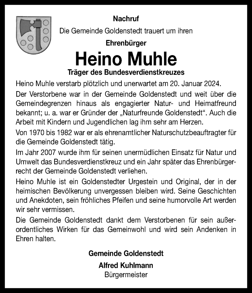  Traueranzeige für Heino Muhle vom 26.01.2024 aus OM-Medien