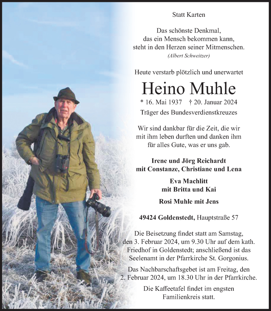  Traueranzeige für Heino Muhle vom 25.01.2024 aus OM-Medien