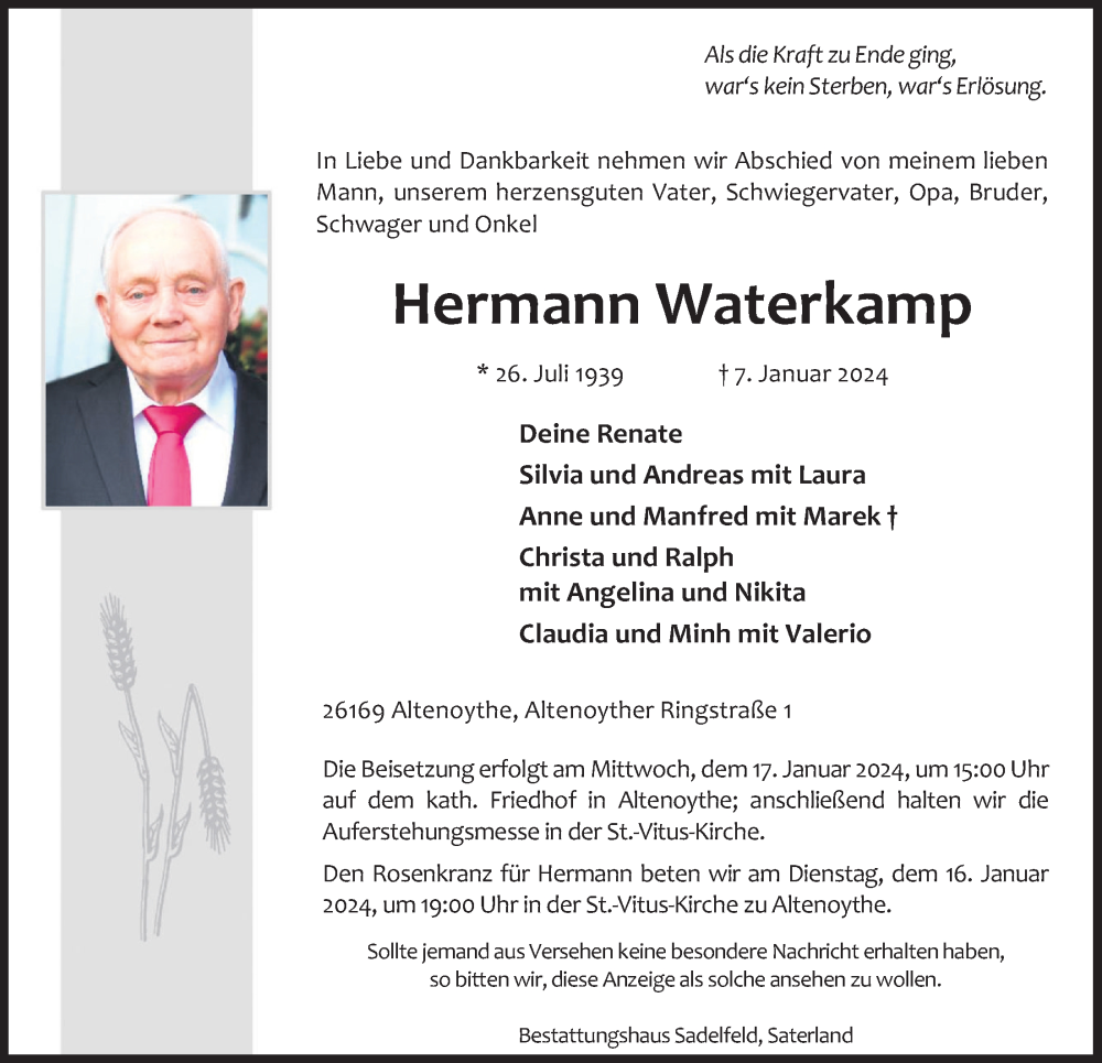  Traueranzeige für Hermann Waterkamp vom 12.01.2024 aus OM-Medien