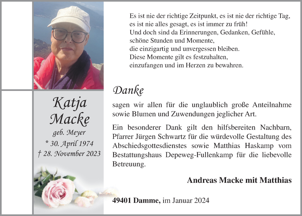  Traueranzeige für Katja Macke vom 12.01.2024 aus OM-Medien