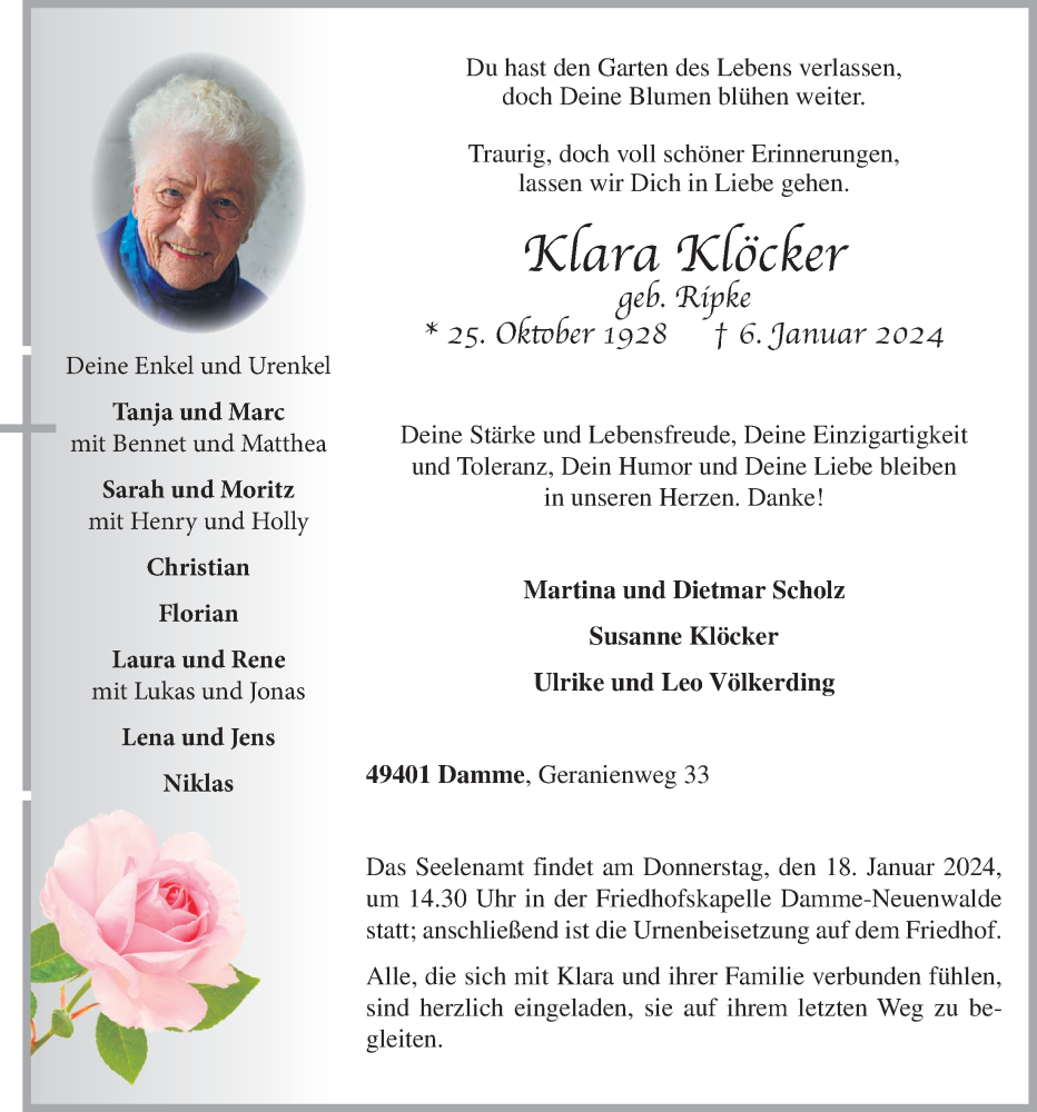  Traueranzeige für Klara Klöcker vom 11.01.2024 aus OM-Medien