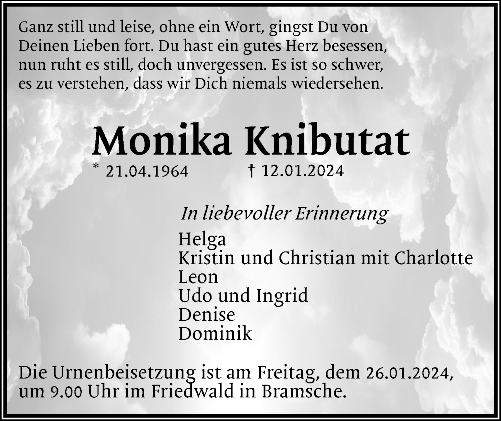  Traueranzeige für Monika Knibutat vom 20.01.2024 aus OM-Medien
