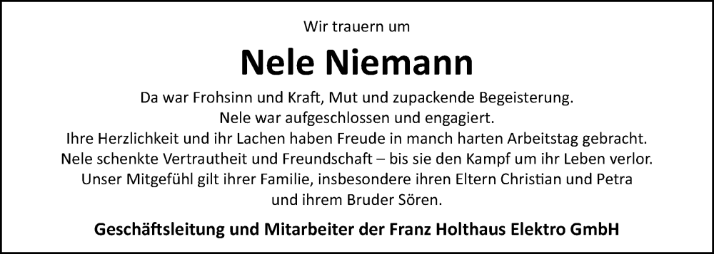  Traueranzeige für Nele Niemann vom 04.01.2024 aus OM-Medien
