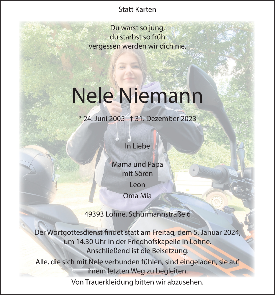  Traueranzeige für Nele Niemann vom 03.01.2024 aus OM-Medien
